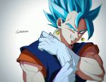  1boy blue_eyes blue_hair close-up dragon_ball dragon_ball_super dragonball_z earrings frown gloves gradient gradient_background grey_background grin head_tilt jewelry looking_at_viewer male_focus muscle potara_earrings shaded_face short_hair simple_background smile spiky_hair super_saiyan_blue tama_azusa_hatsu twitter_username upper_body vegetto white_background 