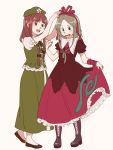  2girls arms_up bangs black_bow blunt_bangs boots bow brown_dress brown_footwear brown_hair commentary_request cosplay dress dress_lift full_body green_eyes green_hair green_hat green_skirt hair_bow hair_ribbon hat highres hong_meiling hong_meiling_(cosplay) kagiyama_hina kagiyama_hina_(cosplay) lifted_by_self long_skirt multiple_girls nishida_satono open_mouth parted_bangs puffy_short_sleeves puffy_sleeves red_dress red_eyes red_ribbon ribbon shikido_(khf) shiny shiny_hair shoes short_sleeves sidelocks simple_background skirt smile standing star teireida_mai touhou white_background wrist_ribbon 