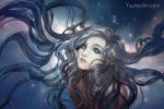  1girl black_hair blue_eyes commentary english_commentary floating_hair glitter highres light_smile long_hair looking_at_viewer original parted_lips solo space upper_body very_long_hair watermark web_address wenqing_yan 