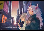  2girls adidas animal_ears ayanami_(azur_lane) azur_lane backpack bag bangs black_shirt brand_name_imitation building car cellphone character_name city crosswalk eyebrows_visible_through_hair ground_vehicle hair_between_eyes hair_ornament headgear headphones holding holding_cellphone holding_phone jacket jewelry karinto_yamada laffey_(azur_lane) long_hair motor_vehicle multiple_girls open_mouth outdoors parted_lips partially_translated pendant phone ponytail rabbit_ears red_eyes road shirt silver_hair sky skyscraper street translation_request twintails very_long_hair white_jacket 