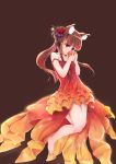  1girl absurdres animal_ears apple bare_legs barefoot black_background brown_hair c_(pixiv3064042) commentary_request dress floating floating_hair flower food fruit hair_flower hair_ornament highres holding holding_fruit holo kanzashi legs long_hair red_dress red_eyes simple_background solo spice_and_wolf strap_slip wolf_ears 