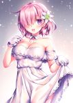  1girl bare_shoulders breasts cleavage dress eyebrows_visible_through_hair fate/grand_order fate_(series) flower fukase_ayaka gloves hair_flower hair_ornament hair_over_one_eye holding_dress large_breasts looking_at_viewer mash_kyrielight petals pink_hair short_hair simple_background smile solo violet_eyes white_dress white_gloves 