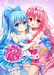  2girls :d armband bare_shoulders blue_bow blue_dress blue_eyes blue_hair blush bouquet bow bridal_gauntlets dress eyebrows_visible_through_hair flat_chest flower flower_knight_girl gloves hair_bow hairband hanamomo_(flower_knight_girl) highres hug long_hair looking_at_viewer minkusu multiple_girls nerine_(flower_knight_girl) open_mouth pink_dress pink_eyes pink_hair ponytail smile thigh_strap twintails wedding_dress white_gloves 