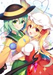  2girls :d :q black_hat blonde_hair blush bow breasts commentary_request flandre_scarlet frilled_shirt_collar frills from_behind green_eyes green_hair green_skirt hair_ribbon hat hat_bow heart heart_of_string juliet_sleeves komeiji_koishi long_sleeves looking_at_viewer looking_back medium_breasts mob_cap multiple_girls open_mouth puffy_sleeves red_eyes red_ribbon red_skirt ribbon shikitani_asuka shirt short_hair side_ponytail skirt smile sparkle third_eye tongue tongue_out touhou white_hat wings yellow_bow yellow_shirt 
