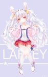  1girl azur_lane character_name collarbone commentary_request gelulu head_tilt highres jacket laffey_(azur_lane) long_hair looking_at_viewer open_mouth pleated_skirt red_eyes silver_hair skirt solo thigh-highs twintails white_legwear zettai_ryouiki 