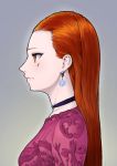  1girl choker closed_mouth commentary_request dress facial_mark grey_background highres long_hair orange_eyes orange_hair original pink_dress portrait profile purple_choker roviahc simple_background solo upper_body 