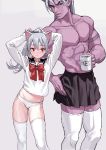  1boy 1girl abs animal_ears arm_strap arms_up artist_name black_skirt bow cat_ears collarbone commentary_request crossdressinging feet_out_of_frame fkey grey_background hair_between_eyes hand_on_hip highres holding_mug long_hair long_sleeves looking_at_viewer midriff miniskirt muscle no_pants original panties parted_lips pink_skin pleated_skirt ponytail red_bow red_eyes red_neckwear sailor_collar school_uniform serafuku shirtless silver_hair simple_background skirt standing thigh-highs tying_hair underwear white_legwear white_panties white_serafuku zettai_ryouiki 