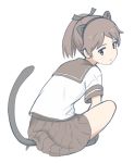  1girl animal_ears brown_eyes brown_hair cat_ears cat_tail fake_animal_ears from_behind highres indian_style kantai_collection looking_at_viewer looking_back pleated_skirt ponytail school_uniform serafuku shikinami_(kantai_collection) simple_background sitting skirt solo tail wachi_(hati1186) white_background 