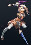  1girl arm_up bangs blonde_hair boots breasts chopsticks cleavage closed_mouth dual_wielding foot_up full_body gauntlets hairband holding holding_sword holding_weapon horn jewelry kirin_(armor) knee_up loincloth long_hair looking_at_viewer midriff monster_hunter monster_hunter:_world navel niur outstretched_leg panties pendant ponytail simple_background smile solo spaulders sports_bra stomach sword thigh-highs thigh_boots toned underwear weapon 