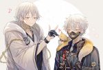  2boys abandon_ranka armor black_gloves fox fox_shadow_puppet gloves heart hood japanese_armor japanese_clothes male_focus menpoo multiple_boys musical_note nakigitsune nakigitsune&#039;s_fox necktie partly_fingerless_gloves smile touken_ranbu tsurumaru_kuninaga white_hair yellow_eyes 