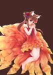  1girl absurdres animal_ears apple bare_legs barefoot black_background brown_hair c_(pixiv3064042) dress floating floating_hair flower food fruit hair_flower hair_ornament highres holding holding_fruit holo kanzashi legs long_hair red_dress red_eyes simple_background solo spice_and_wolf strap_slip wolf_ears 