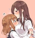  !? 2girls absurdres black_dress blush brown_background brown_eyes brown_hair covered_mouth dorothy_(princess_principal) double_bun dress fingernails hand_holding highres interlocked_fingers long_hair long_sleeves multiple_girls parted_lips princess_(princess_principal) princess_principal profile school_uniform shirt side_bun sorimachi-doufu spoken_interrobang violet_eyes white_shirt yuri 