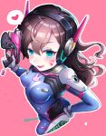  1girl animal_print bangs blue_bodysuit bodysuit breasts brown_eyes brown_hair bunny_print clothes_writing cowboy_shot d.va_(overwatch) enepuni facepaint facial_mark foreshortening from_above gloves gun hand_on_hip headphones heart high_collar highres holding holding_gun holding_weapon licking_lips long_hair looking_at_viewer outline overwatch parted_lips pilot_suit pink_background pink_lips shoulder_pads simple_background skin_tight small_breasts solo speech_bubble spoken_heart swept_bangs tongue tongue_out twitter_username weapon whisker_markings white_gloves 