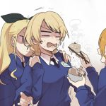  3girls :| assam bangs black_ribbon blank_eyes blonde_hair blue_eyes braid chopsticks closed_mouth commentary_request darjeeling feeding food girls_und_panzer gloom_(expression) hair_pulled_back hair_ribbon hand_on_another&#039;s_shoulder holding holding_food long_hair looking_at_another multiple_girls open_mouth orange_hair orange_pekoe ree_(re-19) restrained ribbon short_hair st._gloriana&#039;s_school_uniform standing steam sushi sweatdrop tied_hair twin_braids upper_body v-shaped_eyebrows white_background 
