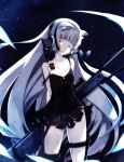  1girl animal_ears arms_behind_back awp_(girls_frontline) bangs black_cat black_dress blue_eyes blunt_bangs cat cat_ears cat_tail commentary_request dress dyolf girls_frontline gun heterochromia holding holding_weapon long_hair looking_at_viewer original parted_lips rifle short_dress silver_hair smile sniper_rifle solo standing strap_slip tail thigh_strap weapon 