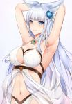  1girl animal_ears armpits arms_behind_head arms_up bikini blue_eyes breasts choker cleavage collarbone eyebrows_visible_through_hair floating_hair granblue_fantasy groin hair_ornament highres jewelry korwa large_breasts long_hair looking_at_viewer navel necklace parted_lips ranju_aira see-through shiny shiny_skin silver_hair simple_background smile solo swimsuit upper_body very_long_hair white_background white_bikini 