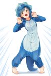  1girl :d arms_up barefoot blue_hair blush character_request claw_pose fake_horns full_body idolmaster idolmaster_million_live! kamille_(vcx68) leaning_to_the_side looking_at_viewer open_mouth pigeon-toed rhinoceros_costume short_hair simple_background smile solo standing tareme white_background yellow_eyes 