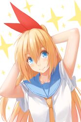  1girl arms_behind_head arms_up bangs blue_sailor_collar blush closed_mouth collarbone eyebrows_visible_through_hair hair_between_eyes hair_ribbon highres kirisaki_chitoge long_hair neckerchief nisekoi ponytail red_ribbon redpoke ribbon sailor_collar school_uniform serafuku shiny shiny_hair shirt short_sleeves smile solo sparkle_background tareme upper_body white_shirt yellow_neckwear 