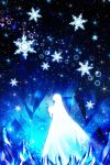  1girl absurdres anastasia_(fate/grand_order) blue commentary crystal dress fate/grand_order fate_(series) from_side harada_miyuki highres holding long_dress long_hair monochrome silhouette snowflakes solo standing very_long_hair 