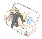  1girl bangs bare_legs barefoot black_hoodie blush closed_mouth couch eyebrows_visible_through_hair green_eyes hair_ornament hairclip highres hood hood_down hoodie light_brown_hair long_hair long_sleeves looking_at_viewer mafuyu_(chibi21) on_couch original pillow sketch sleeves_past_fingers sleeves_past_wrists solo star star_pillow stuffed_animal stuffed_cat stuffed_toy very_long_hair 