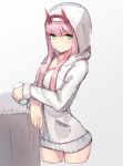  1girl breasts cowboy_shot cropped_legs crossed_arms darling_in_the_franxx eyebrows_visible_through_hair green_eyes hair_over_breasts hairband highres holding hood hood_up hoodie horns long_hair looking_at_viewer medium_breasts pink_hair pocket simple_background solo standing tota_(sizukurubiks) white_hairband zero_two_(darling_in_the_franxx) 