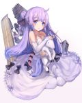  1girl absurdres azur_lane black_bow black_ribbon blue_eyes blush bow commentary_request dress gradient gradient_background hair_bun hair_ribbon highres long_hair looking_at_viewer purple_hair ribbon sitting solo stuffed_unicorn unicorn_(azur_lane) white_background white_dress white_legwear yohaku 