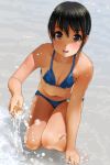  1girl bikini black_eyes black_hair blue_bikini blush breasts cleavage eyebrows_visible_through_hair highres looking_at_viewer matsunaga_kouyou medium_breasts navel ocean open_mouth original short_hair smile solo swimsuit tareme wet 