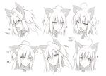  1girl :o ahoge animal_ears belt_collar blush cat_ears closed_mouth collared_shirt expressions fang greyscale hair_between_eyes hair_ornament hairclip long_hair looking_at_viewer monochrome multiple_views necktie oota_yuuichi open_mouth original parted_lips shirt simple_background slit_pupils smile sweatdrop translation_request white_background wing_collar x_hair_ornament 