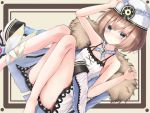  1girl bare_shoulders barefoot blanc blue_eyes blush brooch brown_hair choujigen_game_neptune dress flat_chest fur_trim hat jewelry looking_at_viewer neptune_(series) sarise0916 short_hair sleeveless sleeveless_dress solo white_dress 