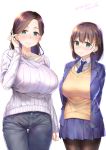  2girls adjusting_hair ai-chan_(tawawa) aqua_eyes arm_at_side arms_behind_back bangs black_legwear blazer blue_jacket blue_skirt blush braid breasts brown_hair closed_mouth collarbone collared_shirt denim eyebrows_visible_through_hair getsuyoubi_no_tawawa green_eyes height_difference huge_breasts jacket jeans kaminari_ai large_breasts long_hair long_sleeves looking_at_viewer miniskirt multiple_girls nanase_meruchi necktie nose_blush open_clothes open_jacket pants pantyhose pleated_skirt shiny shiny_hair shirt short_hair side_braid simple_background skirt sleeves_past_wrists smile sweat sweater thigh-highs thigh_gap twitter_username unbuttoned white_background white_sweater wing_collar yellow_sweater 