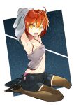  1girl :o absurdres ahoge armpits arms_up bangs bare_shoulders black_footwear black_skirt brown_legwear camisole collarbone eyebrows_visible_through_hair fate/grand_order fate_(series) fujimaru_ritsuka_(female) grey_camisole grey_shirt groin hair_between_eyes hair_ornament hair_scrunchie highres loafers looking_at_viewer navel omucchan_(omutyuan) one_side_up open_clothes open_mouth open_skirt orange_hair orange_scrunchie panties pink_panties pleated_skirt scrunchie shirt shoes sitting skirt skirt_pull solo thigh-highs underwear undressing wariza yellow_eyes 