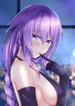  1girl bare_shoulders biting blue_eyes blush braid breasts choujigen_game_neptune_the_animation dress elbow_gloves from_side glove_biting gloves hair_between_eyes long_hair looking_at_viewer medium_breasts muwa12 neptune_(series) power_symbol purple_dress purple_gloves purple_hair purple_heart sideboob smile solo symbol-shaped_pupils upper_body 