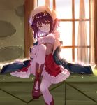  1girl atelier_(series) atelier_sophie blue_coat bonnet boots brown_footwear brown_hair closed_mouth corset cropped_legs curtains happy_turn2 knee_boots looking_at_viewer red_skirt short_hair sitting skirt smile solo sophie_neuenmuller window yellow_eyes 