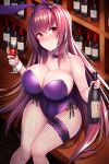  1girl alcohol animal_ears beeyan between_legs blush bottle breasts bunnysuit cleavage collarbone commentary_request cup detached_collar detached_sleeves drinking_glass drunk fate/grand_order fate_(series) highres holding large_breasts long_hair mature purple_hair rabbit_ears red_eyes ribbon scathach_(fate/grand_order) shiny shiny_hair shiny_skin sitting solo thigh-highs very_long_hair wine wine_bottle wine_glass 