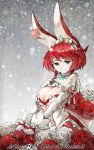  1girl animal_ears baiguiyu bracelet breasts christmas closed_mouth commentary_request dress elphelt_valentine english eyebrows_visible_through_hair flower gloves green_eyes guilty_gear hairband highres jewelry juliet_sleeves large_breasts long_sleeves looking_at_viewer merry_christmas puffy_sleeves rabbit_ears red_flower red_rose redhead rose smile snowing solo spiked_bracelet spiked_hairband spikes upper_body white_dress white_flower white_gloves white_rose 