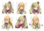  2girls :d ;) black_gloves blonde_hair blush bow breasts cleavage closed_eyes crown earrings gloves green_eyes green_hair hair_between_eyes hair_bow hair_ornament hand_on_own_cheek hand_to_own_mouth hand_up jewelry leavanny long_hair mini_crown moe_(hamhamham) multiple_girls one_eye_closed open_mouth personification pokemon smile translation_request tsareena upper_body violet_eyes 
