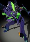  commentary_request dark_background eva_01 highres holding holding_weapon horn legs_apart mecha neon_genesis_evangelion no_humans rebuild_of_evangelion shadow standing weapon yang-do 