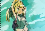  1girl arms_behind_head arms_up backpack bag bangs blonde_hair blue_sailor_collar blunt_bangs braid breasts closed_mouth commentary_request french_braid green_eyes hair_lift hands_in_hair high_ponytail ikki_(degutaro_) lifted_by_self lillie_(pokemon) long_hair looking_away mixed_media navel pokemon pokemon_(game) pokemon_sm sailor_collar shirt short_sleeves sidelocks single_braid small_breasts smile solo stomach white_shirt 