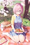  1girl :d basket black-framed_eyewear blanket blue_dress blurry blurry_foreground blush bow box breasts casual checkered checkered_dress cherry_blossoms day depth_of_field dress eyes_visible_through_hair fate/grand_order fate_(series) food fou_(fate/grand_order) full_body glasses grass hair_over_one_eye hanami head_tilt highres holding holding_box jacket looking_at_viewer mash_kyrielight medium_breasts nanotaro no_shoes obentou on_ground open_clothes open_jacket open_mouth outdoors pink_hair shade shiny shiny_hair short_hair short_sleeves smile socks solo spring_(season) thermos tree violet_eyes white_bow white_legwear wrapper yellow_jacket 