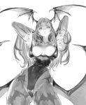  1girl animal_print bat_print breasts cowboy_shot demon_girl from_below gluteal_fold greyscale head_wings heart_cutout highres large_breasts leotard monochrome morrigan_aensland pantyhose solo succubus vampire_(game) yang-do 