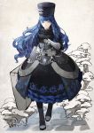  1girl baiguiyu black_dress blue_eyes blue_hair closed_mouth commentary_request dress eyebrows_visible_through_hair grey_background hand_up hat holding long_hair solo standing suitcase 