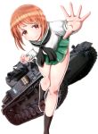  1girl absurdres bad_leg bangs black_legwear brown_eyes brown_footwear brown_hair clenched_hand girls_und_panzer green_skirt ground_vehicle highres looking_at_viewer military military_vehicle miniskirt motor_vehicle nishizumi_miho ooarai_school_uniform open_mouth outstretched_hand panzerkampfwagen_iv school_uniform serafuku short_hair skirt solo standing tank uniform uricotake 