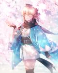  1girl ahoge black_bow black_legwear black_scarf blonde_hair bow cherry_blossoms fate/grand_order fate_(series) hair_between_eyes hair_bow highres japanese_clothes kimono light_smile looking_at_viewer medium_hair moe_(hamhamham) obi okita_souji_(fate) sash scarf short_kimono solo standing thigh-highs wide_sleeves yellow_eyes 