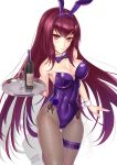  1girl alcohol animal_ears bottle bow bowtie bunnysuit cowboy_shot cup detached_collar drinking_glass fate/grand_order fate_(series) fishnet_pantyhose fishnets garter_belt highres leotard long_hair looking_at_viewer pantyhose purple_hair purple_leotard purple_neckwear rabbit_ears red_eyes scathach_(fate/grand_order) simple_background smile solo standing strapless strapless_leotard sunday_se7en tray white_background wine wine_bottle wine_glass wrist_cuffs 