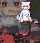  1girl animal_ears axe bangs black_footwear blood blood_on_face blood_splatter bloody_clothes close-up detached_sleeves eyebrows_visible_through_hair full_body hair_between_eyes hat holding holding_axe inubashiri_momiji looking_at_viewer medium_skirt no_nose orange_pupils pom_pom_(clothes) red_eyes saisoku_no_yukkuri shaded_face short_hair silver_hair skirt smile socks solo tail tokin_hat touhou walking wide_sleeves wolf_ears wolf_tail 