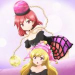  2girls bare_shoulders black_shirt blonde_hair breasts chains cleavage clothes_writing clownpiece collar collarbone commentary_request cosplay gradient gradient_background green_skirt hat hecatia_lapislazuli hecatia_lapislazuli_(cosplay) jester_cap leaning_forward long_hair looking_at_another looking_at_viewer looking_up medium_breasts medium_hair miniskirt moon_(ornament) multicolored multicolored_clothes multicolored_skirt multiple_girls off-shoulder_shirt off_shoulder open_mouth pink_eyes pink_hat polka_dot_hat polos_crown purple_background purple_skirt red_eyes red_skirt redhead shirt short_sleeves skirt smile standing tapiko_(zarj8438) touhou upper_body 