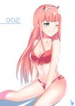  1girl absurdres aqua_eyes bangs bikini breasts character_name darling_in_the_franxx daweykun eyebrows_visible_through_hair front-tie_bikini front-tie_top hairband highres horns long_hair medium_breasts one_eye_closed pink_hair red_bikini side-tie_bikini simple_background sitting smile solo swimsuit white_hairband zero_two_(darling_in_the_franxx) 