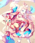  :d blue_eyes bow commentary fangs gen_4_pokemon hair_bow highres looking_at_viewer open_mouth personification pink_hair pokemon pokemon_(creature) sa-dui signature smile standing sylveon white_bow 