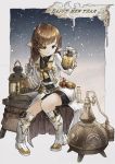  1girl 2017 baiguiyu bike_shorts black_eyes boots brown_hair closed_mouth coat commentary_request english eyebrows_visible_through_hair final_fantasy final_fantasy_xiv hands_up happy_new_year highres holding lalafell looking_at_viewer monocle new_year pointy_ears sitting snow snowing solo steampunk vial white_footwear 