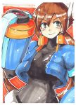  1girl aile arm_cannon bodystocking bodysuit breasts commentary_request gloves large_breasts long_hair marker_(medium) mitsuyanabe_(carp_sandaime) rockman rockman_zx rockman_zx_advent skin_tight smile solo spandex traditional_media weapon 